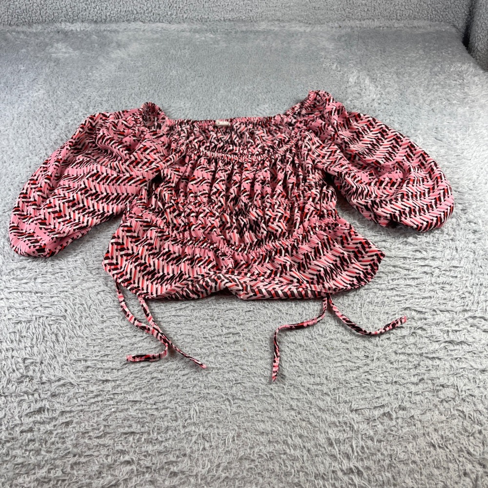 Open Edit Pink Geometric Smocked Puff Sleeve Peplum Top Blouse Medium